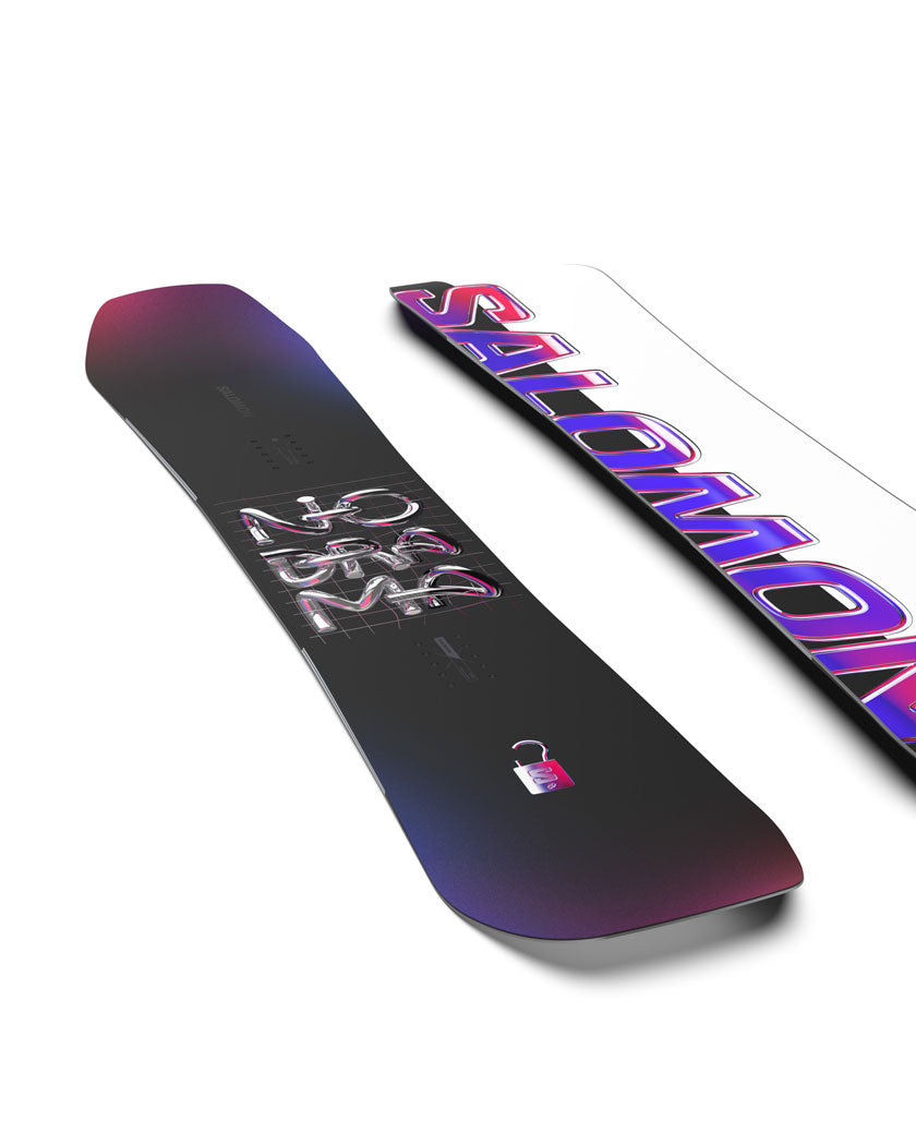 Salomon's premiere women’s park board, the No Drama, was built for jumps, transition, and rails using our most responsive camber profile, paired with a versatile flex and sidecut for precise maneuvers. A steeper nose and tail design provides snap, response, and swing weight reduction while a long list of tech enhances pop and stability at high speeds
