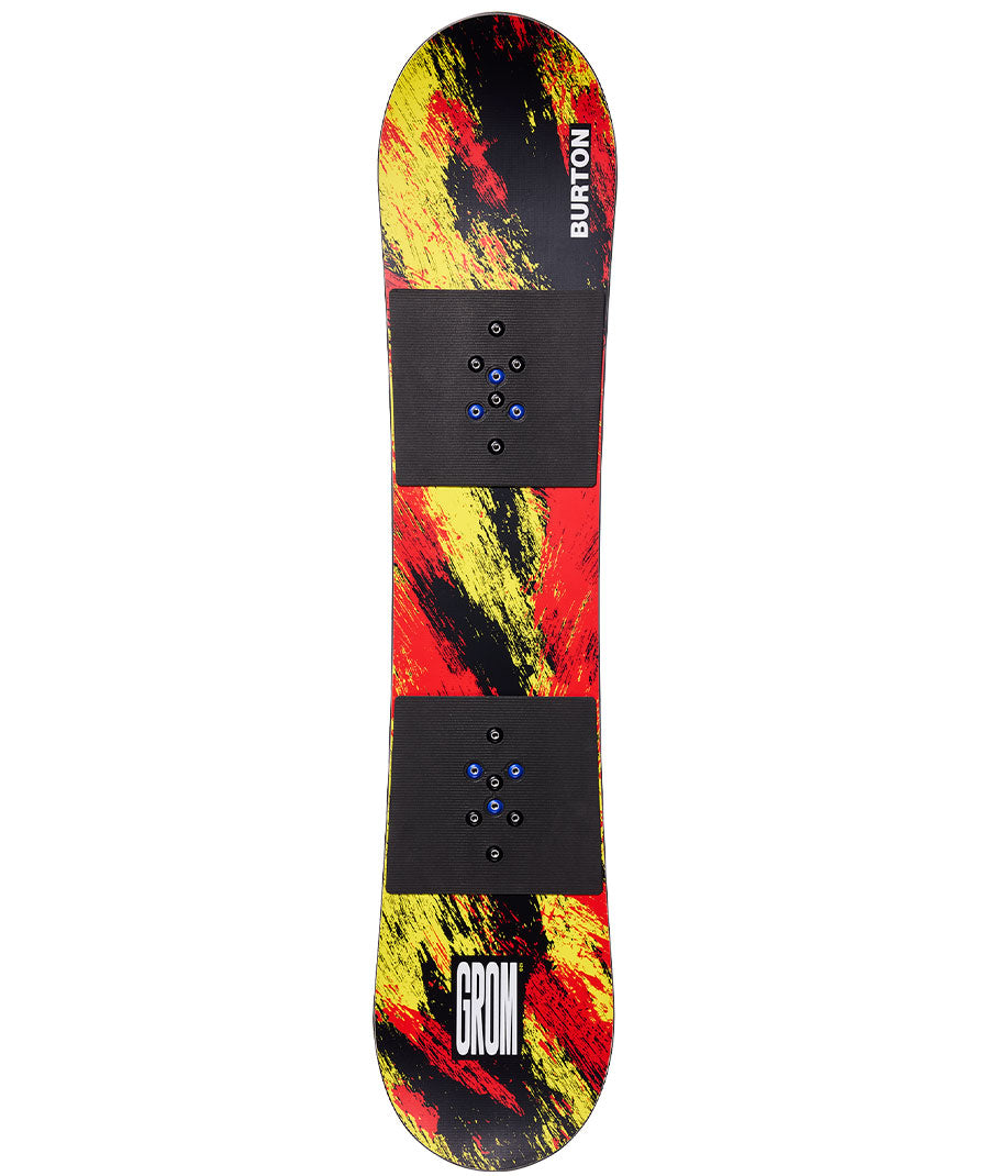 The kids' Burton Grom Snowboard is the ticket for tykes who want to start snowboarding and quickly learn the basics. What makes it so perfect is the beginner-friendly combo of a convex base with upturned edges and the softest flex possible so that even the lightest weight riders can master turning and stopping. The catch-free feeling continues with a flat profile from nose to tail that's extra stable for better balance and board control. 