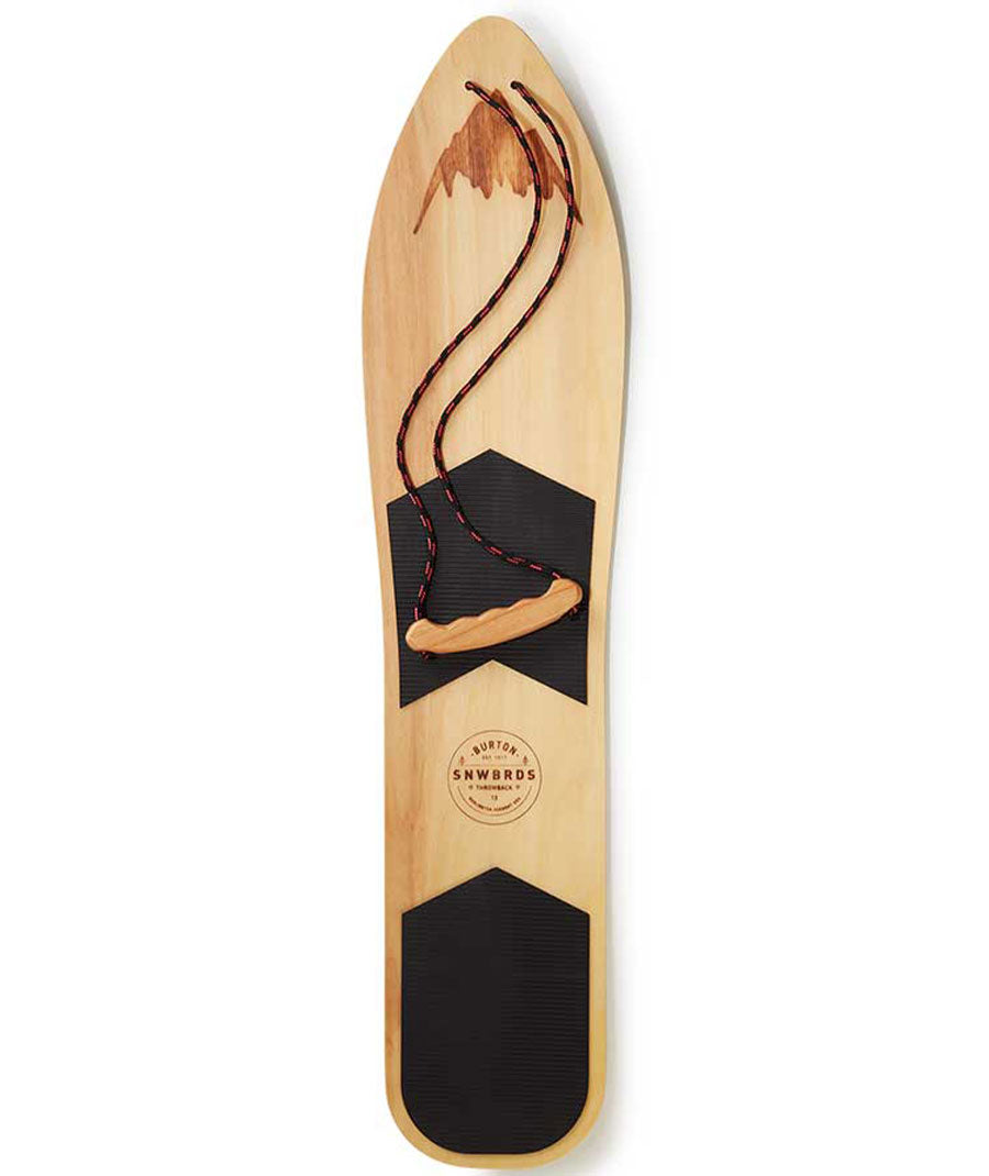 Surf snow in your own backyard. A resurrection of snowboarding's past, the men's Burton The Throwback Snowboard is ride-able piece of history built for surfing snow in your own backyard. While this board is gripped and ready to rip, it is not recommended for riding at resorts or on hardpack or icy conditions. Please consult your resort before riding The Throwback on their trails.