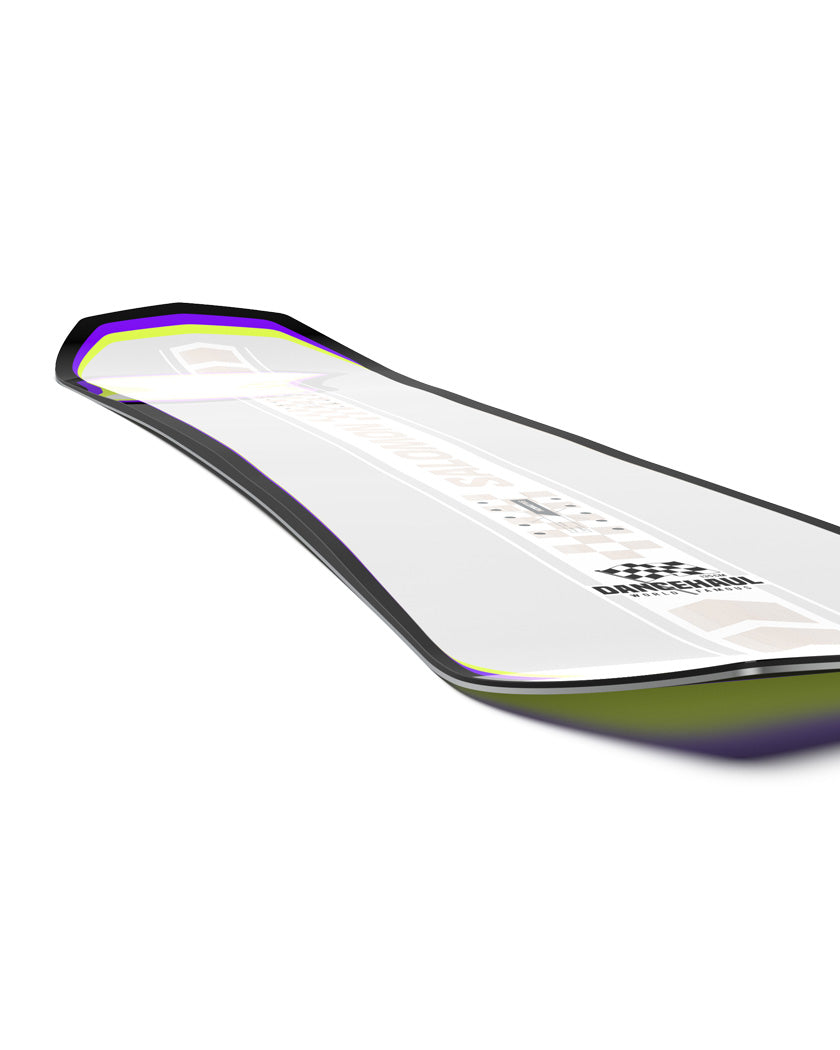 The Dancehaul Grom board has a mountain of personality and a unique shape for playful, all-mountain riding. Extra width and a tapered tail facilitate turning and carving while also providing assistance with floatation in deep snow. Rock Out Camber provides a freestyle feeling underfoot, so your grom can get creative anywhere on the mountain.