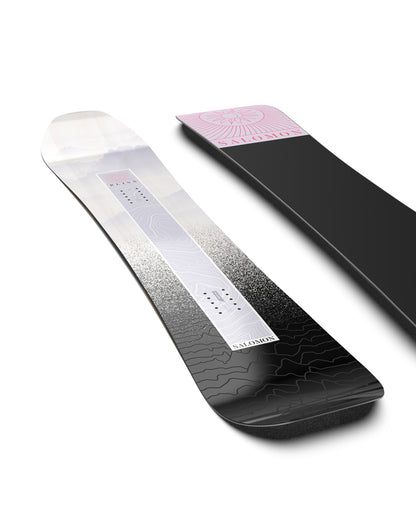 The Bliss is an accessible, all-mountain snowboard with a freeride inspired shape for women looking to explore the mountain. A tapered directional shape enhances turning sensation and float while Cross Profile camber provides stability on groomers. Using eco-friendly cork rails and recycled materials, the Bliss offers a sustainable and smooth ride.