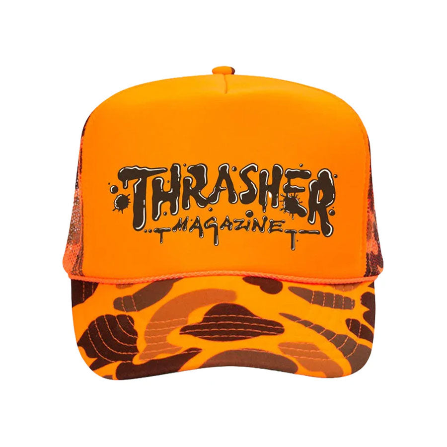 Thrasher Wet Paint Trucker Hat Orange Camo