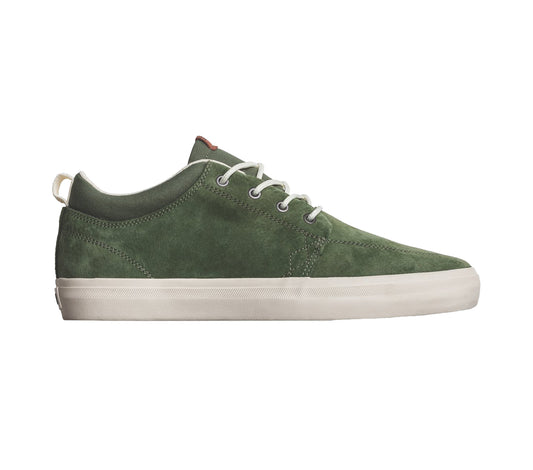 Globe GS Chukka side view. Olive green suede upper, white laces, and white sole. 