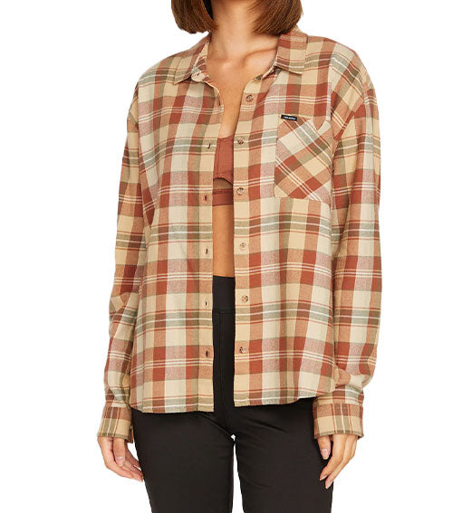 Volcom Women's Plaid to Meet You Long Sleeve Dark Coral